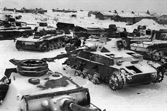 World war 2, battle of stalingrad, february 1943: nazi tanks and other vehicles destroyed by red army during the battle for the city .