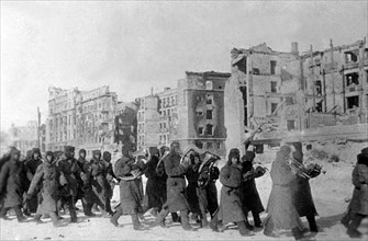 World war 2, stalingrad, ussr, february 4, 1943, red army soldiers marching to a meeting to mark the soviet victory in the battle of stalingrad.
