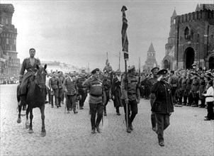 World war one, moscow, russia, a military unit marches downtown moscow prior to its transportation to the battlefront in june 1917 .