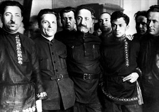 Sergei m, kirov (2nd from left) and g,k, ordzhonikidze among delegates of 16th communist party conference, 1929, soviet union.