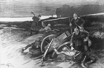 A world war one period popular print: german soldiers loot killed russian soldiers and kill the wounded.