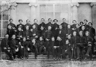 Russian composer pyotr tchaikovsky in his 1859 graduation class of the imperial school of jurisprudence, st, petersburg, russia, tchaikovsky (19) is sitting sixth from right in front row, holding hand...
