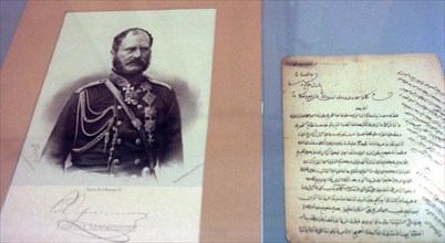 Left: general fieldmarshal alexander baryatinsky, hero of the caucasian war of 1817-1864, right: some original letters of iman shamil, the 19th-century chechen religious and political leader, who bary...