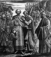 Prince michael on kulikovo field, battle of kulikovo, 1380, victory of grand duke dmitri donskoi of moscow over khan mamai of the golden horde, the battle was fought on a plain by the don near the pre...