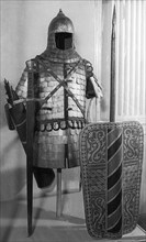 Slav armor, ancient russian warrior's armor, spear, sword and shield, 13th-14th century.