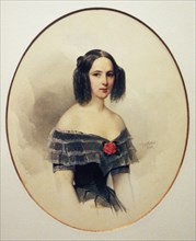 Watercolor portrait of natalya pushkina, wife of russian poet alexander pushkin by v, gau, 1844.