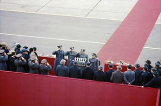 Ceremony for cosmonauts shonin, kubasov, filipchenko, gorbatko, volkhov, shatalov, and yeliseyev held at the airport in moscow, october 22, 1969.