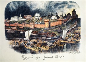 Drawing of 16th century moscow during the reign of ivan lli (ivan the great) by apolinary vasnetsov (1856 - 1933).