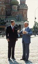 Ronald reagan with mikhail gorbachev in red square during his visit to the ussr, may 1988.