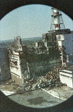 The chernobyl nuclear power plant not long after the unit 1 accident, april 1986, ukraine, ussr, the photo was taken right after the accident and is fogged from radiation.