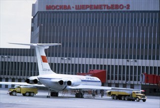 An aeroflot plane at sheremetyevo 2 airport, moscow, 1990s.