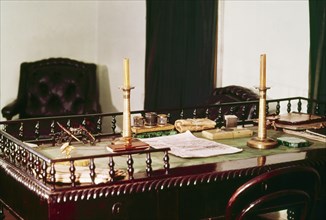 Leo tolstoy's antique writing desk at yasnaya polyana, the tolstoy family estate, the desk was inherited from his father.