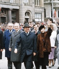 Mikhail and raisa gorbachev walking through the streets of bratislava during their official visit to czechoslovakia, april 1987.