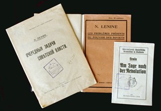 Writings of v, i, lenin in russian, french, and german editions at the gorky leninskiye museum in moscow, russia.