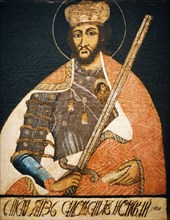 Alexander nevsky depicted as a warrior saint in a portrait by an unknown artist from the early 18th century, state history museum, moscow.