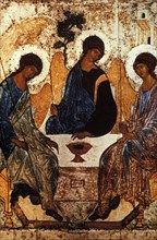 Old testament trinity by andrei rublev, c, 1410 - 1420, tempera on panel.