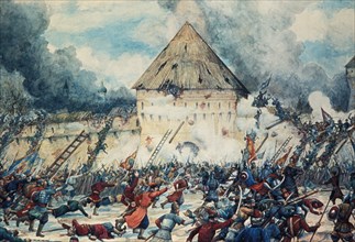 Battle with polish interventionists at the vladimir gate of kitai-gorod (china town) in moscow, 1612, watercolor by g, lissner.