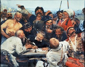 Zaporozhye cossacks writing a letter to the turkish sultan', painting by ilya repin.