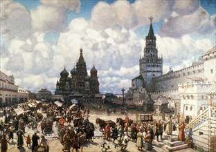 An oil painting of red square in moscow in the 17th century by viktor vasnetsov.