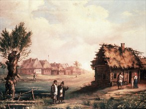 A poor village in russia, 1850s, painting.