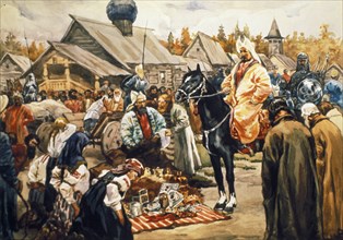 A tartar of the golden horde exacting tribute from russian people in the 13th century, (20th century soviet watercolor painting, unknown artist).