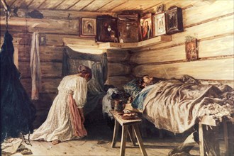 Sick husband' a painting by vasily maximov, 1881.
