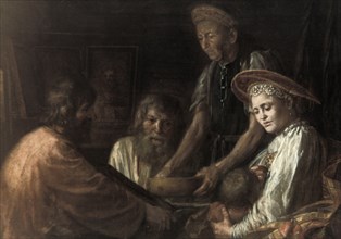 Peasants having dinner' a painting by mikhail shibanov, 1774.
