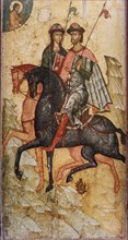 14th century russian icon depicting saint boris and saint gleb on horseback.