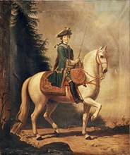 An 1875 copy of a painting of catherine the great on horseback by v, eriksen, 1762.