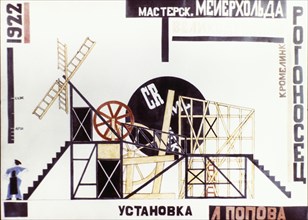 A design for a stage set for a production of 'magnanimous cuckold' by f, krommelink staged by vsevolod meyerhold, 1922.