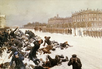 Bloody sunday, painting by i, vladimirov of tsar nicholas' troops shooting demonstrators outside of the winter palace in st, petersburg on january 22, 1905.