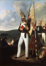 Painting of an infantry soldier of the russian pavlovsky regiment at the time of the battle of borodino during the war of 1812 with napoleon.