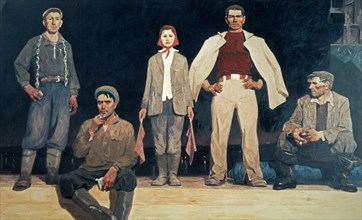 Builders of bratsk' 1957 painting by viktor popkov, socialist realism.
