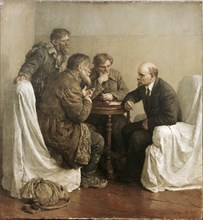The messengers' by v, serov, shows lenin chatting with peasants in his kremlin study.