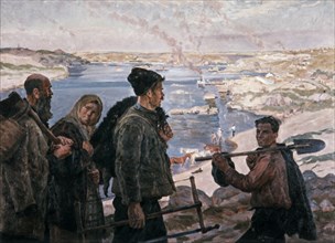 Builders of the dnieper hydro' 1937 painting by k, trokhimenko, socialist realism.