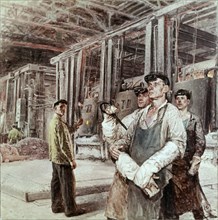 Gussarov, famed steel smelter of the hammer and sickle steel mill and his brigade' by g, gorelov, social realism.