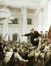 Lenin declaring soviet power' by v, serov, this is the second version of this painting with stalin, sverdlov, and dzerzhinsky added.