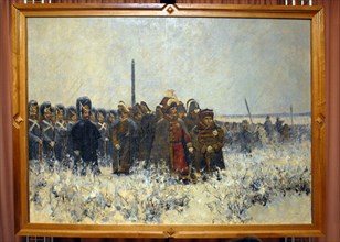 Moscow, russia,  painting 'napoleon's army crossing the berezina river' by artist vasily vereshchagin on display in the state history museum at the exhibition commemorating the 200th anniversary of th...