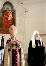 Garegin ll, catholicos of all armenians sanctifies the building armenian church of st, catherine on nevsky avenue, st, petersburg, russia, 7/00, the ceremony was attended by patriarch of moscow and al...