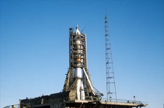 The soviet soyuz 11 spacecraft on the launch pad prior to launch, june 23, 1971.