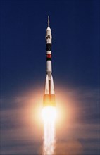 Baikonur launch pad, kazakhstan , april 28, 2001, a soyuz rocket with world's first space tourist, dennis tito, seen being successfully blasted off from baikonur space port, a soyuz tm space vehicle w...