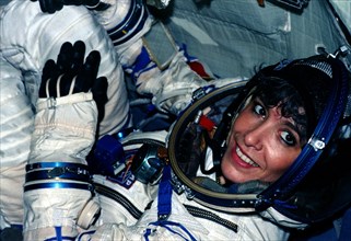 French astronaut claudie andre dehaye is seen at the gagarin training centre on apr,16th, joint russian- french crew including dehaye as well as russian cosmonauts gennadi manakov and pavel vinogradov...