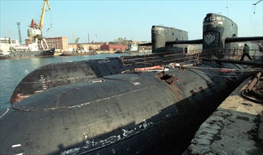 Maritime territory,russia, october 21, 1999, four russian strategic missile nuclear-powered submarines no longer in use by the pacific fleet pictured mooring at the 'zvezda' far-eastern shipbuilding w...