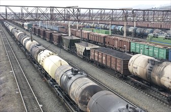 Amur region, russia, freight cars at the skovorodino railway station along the trans-siberian railway, april 2006.