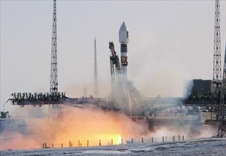 A russian carrier rocket soyuz-fg with the first satellite of the european global positioning system galileo is about to blast off from a launch pad at the baikonur cosmodrome in kazakhstan, december ...