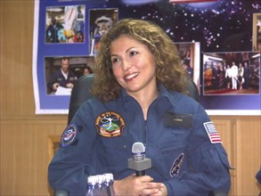 Baikonur, kazakhstan, september 17, 2006, american space tourist anousheh ansari smiles for a photo, the 14th iss crew is to launch from the baikonur cosmodrome on september 18, the tma 9 spacecraft i...