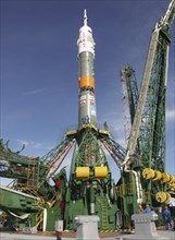 The soyuz fregat fg rocket and the tma 9 spacecraft on the launch pad at the baikonur cosmodrome, the 14th iss crew is to launch from the baikonur cosmodrome on september 18, 2006.