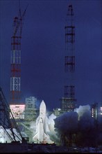 Baikonur cosmodrome, kazakh ssr, ussr, the launch vehicle 'energia' with the buran spacecraft on the launch pad, november 15, 1988.