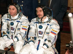 April 9, 1997, russian cosmonauts vasily tsibliyev /left/ and alexander lazutkin will spend more 35 days on board the orbiting station 'mir',ll flights of russian cosmonauts will now last the same tim...