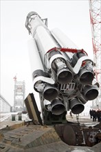 A russian-built proton m rocket is being placed on its launch pad at the baikonur cosmodrome in kazakhstan, december 12, 2006, the rocket will launch the measat-3 satellite into orbit to improve malay...